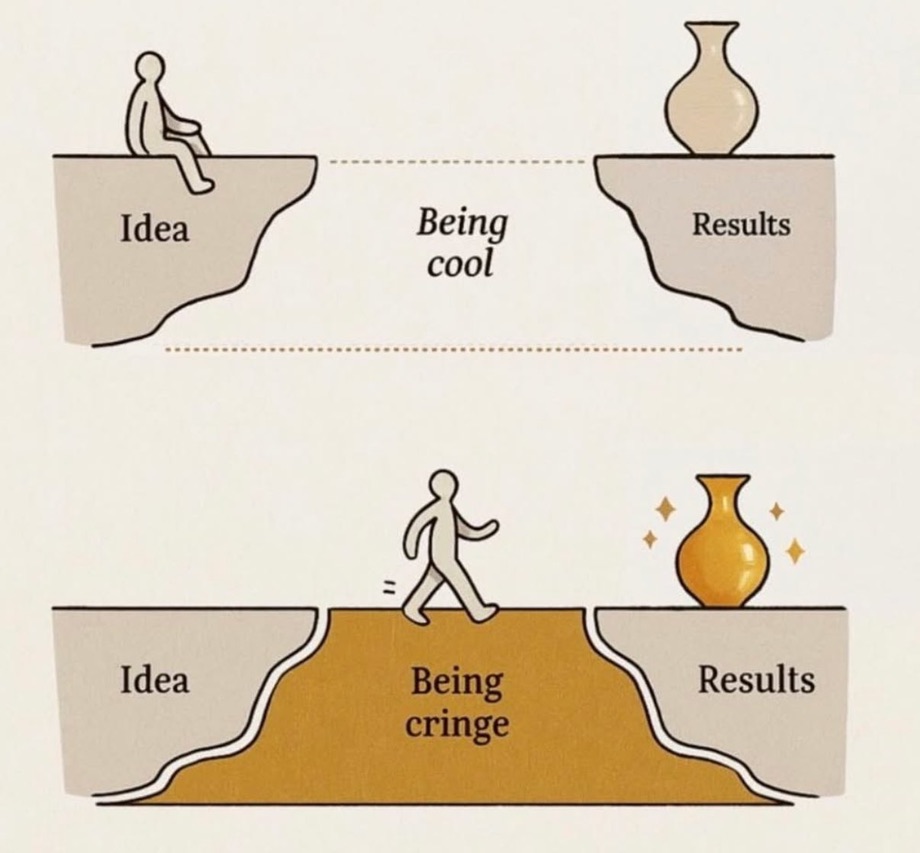 A drawing demonstrates the gap between where we are and what we want is often blocked by the desire to appear cool, calm, and collected. The second frame shows that by allowing our selves to appear cringey, we can walk across this gap.